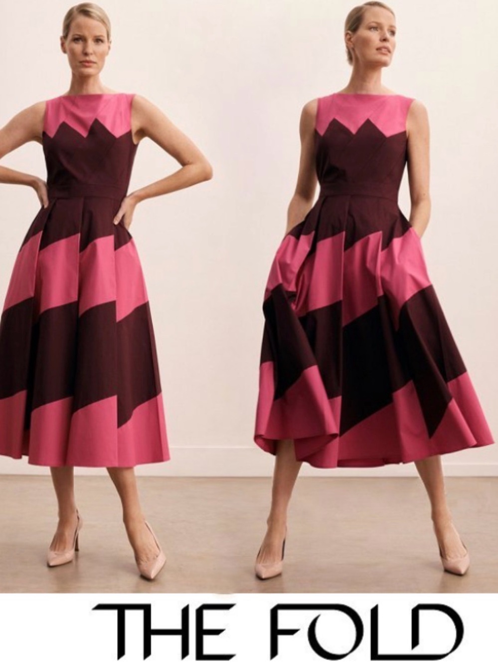 The Fold Sleeveless Pink & burgundy Chevron Midi Dress Sz 6